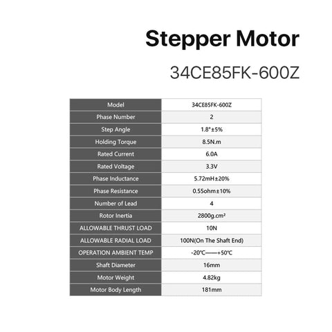 Front view of 34CE85FK-600Z stepper motor data sheet showing 8.5 N·m torque and 6.0 A current.