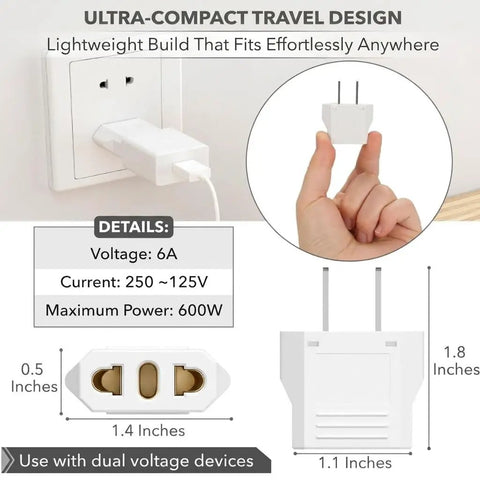 Three Pack EU To US Plug Adapters For European To American Outlets shown with dimensions and voltage details