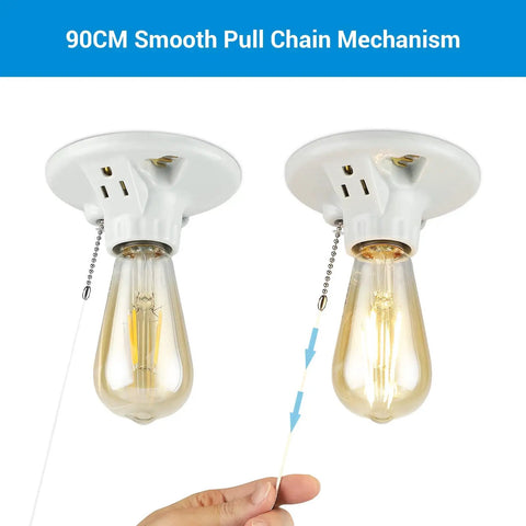 Porcelain Pull Chain Light Socket with Grounded Outlet, E26 E27 Base, UL Listed, 2 Pack shown with 90 cm pull chain
