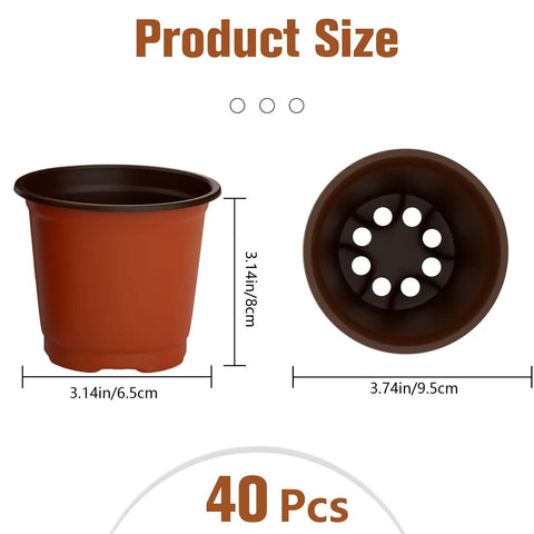 40 Pack 4 Inch Plant Nursery Pots With Drainage Holes For Seedlings Cuttings And Succulents Reusable Plastic Seed Starting Pots For Indoor Outdoor Use Great For Transplants And Home Garden, showing side and bottom view of pot with drainage holes
