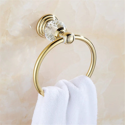 Gold Crystal Bathroom Accessories 4 Piece Set With Towel Bar Adjustable From 18.5 To 30.8 Inches, Toilet Paper Holder, Towel Ring, Coat Hooks, Crystal Ball Base, Wall Mounted For A Sleek Shiny Luxe Look towel ring with crystal ball wall mount and white towel