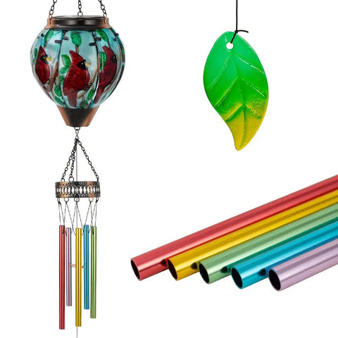Solar Wind Chimes For Outdoors Featuring Cardinal Hot Air Balloon Glass Wind Chimes With Flickering Flame Night Light Music