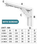Diagram showing 4PCS Triangle Folding Angle Brackets Heavy Duty Shelf Supports with measurements and screws included.