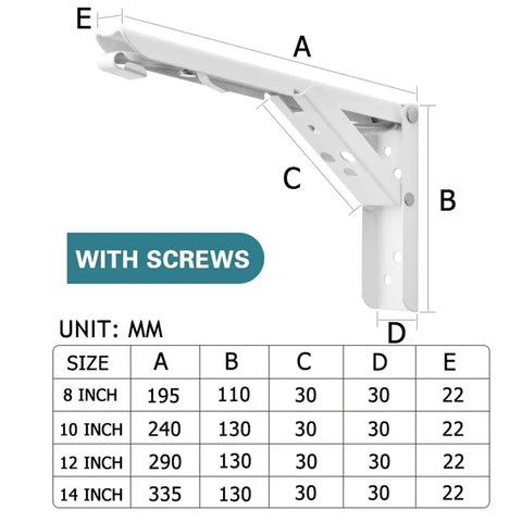 Diagram showing 4PCS Triangle Folding Angle Brackets Heavy Duty Shelf Supports with measurements and screws included.