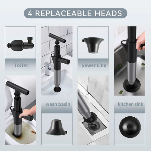 High Pressure Toilet Plunger For Clogs With Real Time Barometer And Stainless Steel Drain Blaster Includes Four Interchangeable Heads