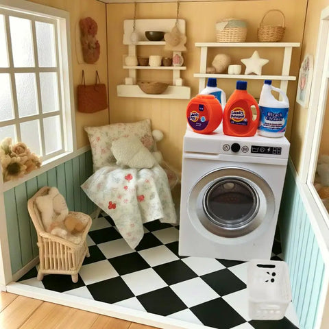 Straight Up Killer 1 12 Scale Miniature Electric Washer And Dryer Set Featuring Top Tier Mini Home Appliances With Authentic Detergent Bottles And White Basket For On Point Dollhouse Displays in a cozy dollhouse laundry scene.