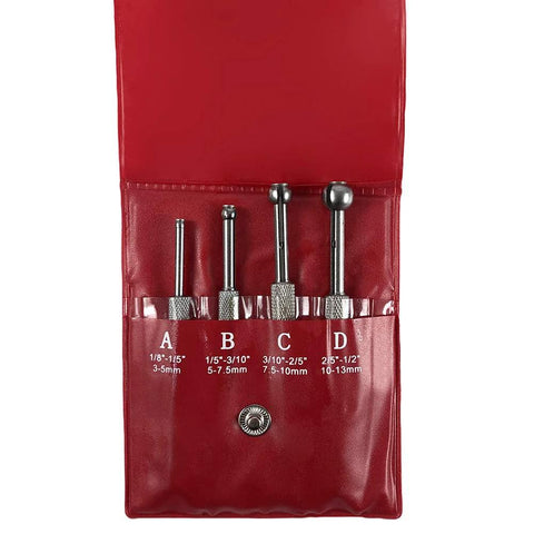 QWORK four-piece bore gauge set with telescoping rods in red roll-up case; labeled A-D