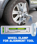 Heavy Duty Wheel Clamp And Magnetic Adapter For 11 To 25 Inch Rims Tight Fit Tire Alignment Tool attached to a wheel with camber gauge.