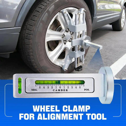 Heavy Duty Wheel Clamp And Magnetic Adapter For 11 To 25 Inch Rims Tight Fit Tire Alignment Tool attached to a wheel with camber gauge.