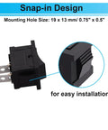 Close-up of 8 Pack 12V Rocker Toggle Switches On Off SPST 2 Pin 2 Position Latching, showing snap-in design and pins.