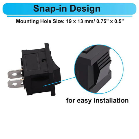 Close-up of 8 Pack 12V Rocker Toggle Switches On Off SPST 2 Pin 2 Position Latching, showing snap-in design and pins.