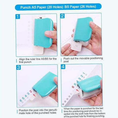 Instructions for using a Six Hole Puncher For Loose Leaf Notebooks, Handheld Metal Circle Paper Puncher, Works With A4 A5 B5 Scrapbooks, Pink