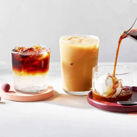 Three glasses with iced coffee and cold brew, demonstrating use of No Mess Cold Brew Filters 100 Count Disposable Fine Mesh Bags.