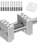 Rugged Aluminum Bench Vise With Smooth Groove Base And Quick Turn Adjustment Screw For Clamping Small Parts Dead Center showing design and adjustment features.