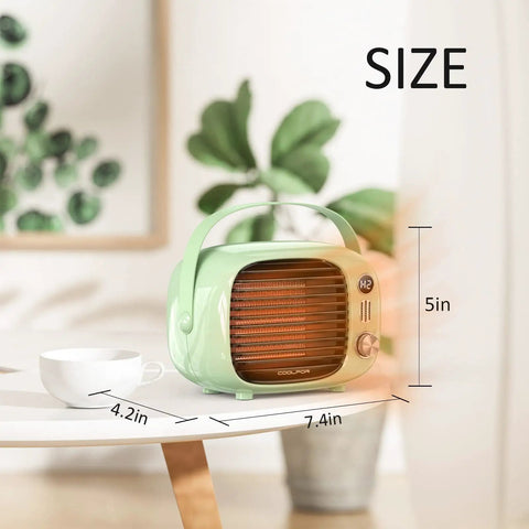 Fast Heating Desk Space Heater With Adjustable Thermostat, 800W/500W Ceramic Heating Fan, green, on table, compact size.