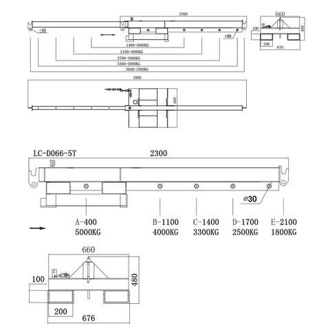 Heavy Duty Bidirectional Telescoping Forklift Jib Boom 5 Ton Crane Attachment technical drawing with dimensions.
