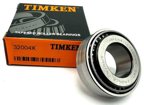 32004 X Tapered Roller Bearing 20x42x15mm single row steel cage next to orange Timken box