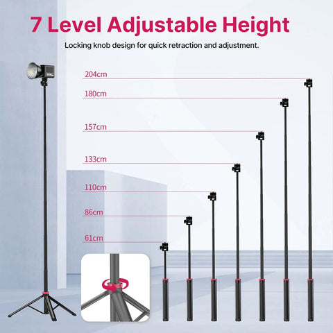 Extendable 81 Inch Photography Light Stand with 360 Degree Ball Head, showing 7-level adjustable height from 204cm to 61cm