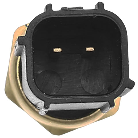 Front view of a two-pin coolant temperature sensor with black housing and brass mounting ring.