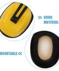 Close-up of yellow heavy duty noise canceling ear muffs material for construction and factory use with black padding detail.
