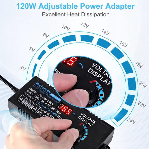 Power Supply Kit 3V To 24V Adjustable 6A 144W With LCD Display 100V 240V AC Input with voltage dial and LCD screen.
