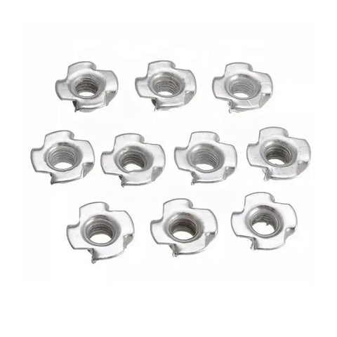 Beefy Four Claw T Nut Set for Furniture Mounting 100 Pcs Thickened Steel Blind Prong Inserts M6x20 displayed in rows