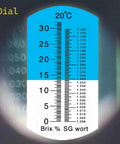 Dual Scale Brix Refractometer With ATC For Specific Gravity And Brix Readings Hydrometer Kit For Wine Making Beer Brewing And Homebrew DIYers For Serious Hobbyists And Pros Alike dial scale close-up