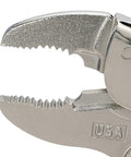 Close-up of Curved Slim Jaw Locking Pliers With Wire Cutter, 10 Inch, Beefy Grip, showing cross-cut jaw tips and USA marking.