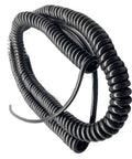 Rock Solid Coiled Power Extension Cord With Spring Wire Cable And Five Core Conductors, durable black polymer with coiled design.