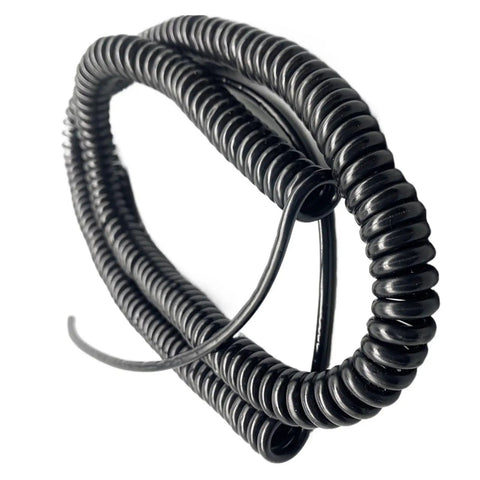 Rock Solid Coiled Power Extension Cord With Spring Wire Cable And Five Core Conductors, durable black polymer with coiled design.