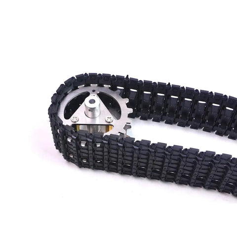 Close-up of Two Pcs Robot Tank Tracks 95cm Crawler Treads With Gear For DIY Robot Tank Build Durable Stainless Drive Wheel Engineering Plastic Tracks Reusable Chain Links TH Track Kit For Teens And Adults Idler Wheels Not Included.