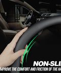 Top Shelf Nappa Leather Steering Wheel Cover For Cars Universal Fit Non Slip Grip Breathable Comfort, close-up of hand gripping steering wheel.