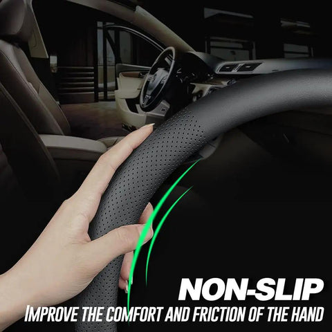 Top Shelf Nappa Leather Steering Wheel Cover For Cars Universal Fit Non Slip Grip Breathable Comfort, close-up of hand gripping steering wheel.