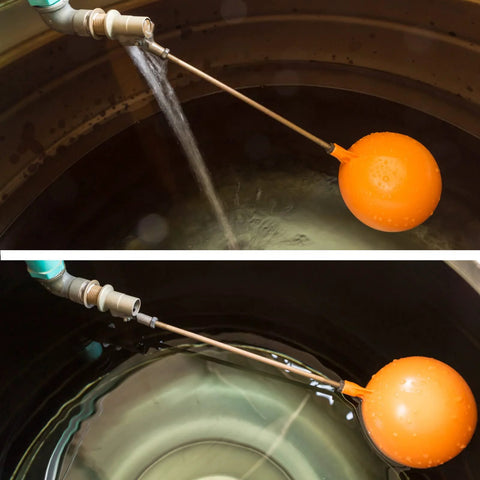 3/4 inch float ball valve installed in water tank with orange float for adjusting water levels in DIY projects, pools, and stock tanks.