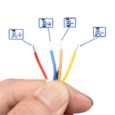 35mm Frame Nema 14 Stepper Motor 0.19A 12V 0.1N.m 61 Ohm Two Phase Four Wire Hybrid For CNC Machines And 3D Printers 5mm Shaft Smooth Quiet Motion And Precise Control. Four-wire motor leads labeled A+, A-, B+, and B-