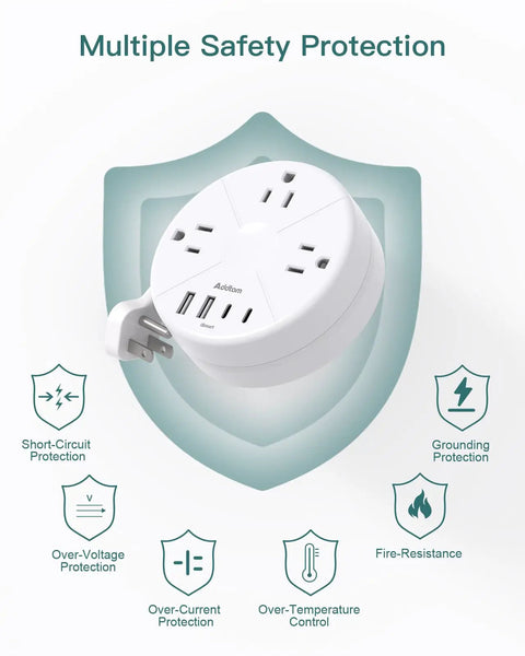 Gotta Love This Compact Travel Power Strip With Retractable Five Foot Cord And Seven Outlet Surge Protector showcasing multiple safety features.