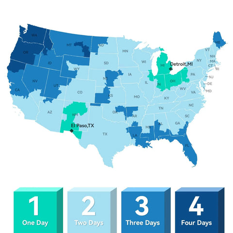 US map showing shipping delivery times with colored zones, including El Paso, TX and Detroit, MI, ranging from one to four days.