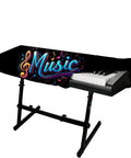 Stretchy Spandex 88 Keys Piano Keyboard Dust Cover With Durable Elastic Cord Universal Fit For Digital Keyboards Protects Against Dust, Dirt, And Wear, Extends Instrument Life For Home Studio Or Stage, shown on a keyboard with music print design.