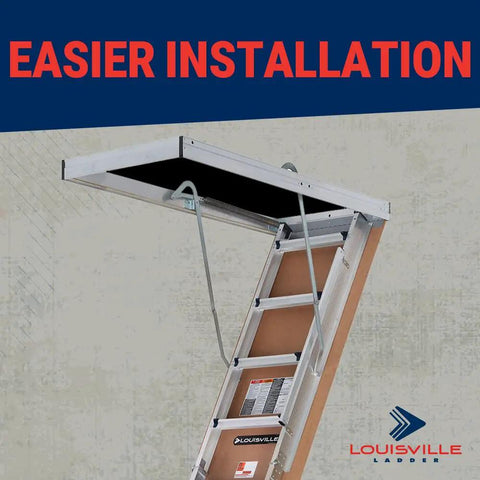 Insulated Door Aluminum Attic Ladder With Energy Efficient R5 Seal, 10 to 12 Foot Reach, 25.5 in by 63 in Rough Opening, Heavy Duty 375 Pound Capacity, Type IAA, No-Fuss Install, Pro Grade Access to Your Attic installed open