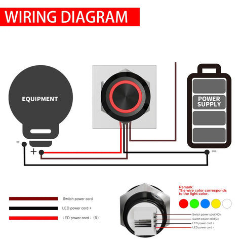 Wiring diagram for Built Tough Three Pack 12mm Momentary Push Button Switch with LED indicator and power connections.