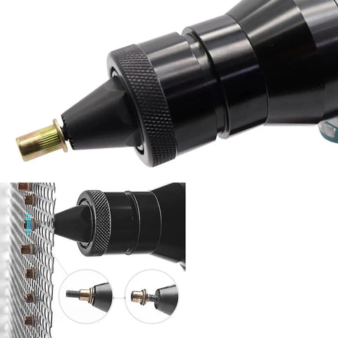 Cordless Electric Rivet Nut Tool Kit For Industrial Jobs Fast Pull Rivnuts With 2 Batteries And Charger Ergonomic Handle Saves Hands No Cables Needed, close-up nose