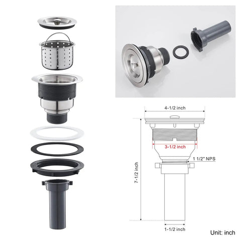 Exploded view and dimensions of strainer for 15 Inch Bar Sink Undermount Bar Prep Kitchen Sink With Single Bowl, Heavy Duty 18 Gauge T304 Stainless Steel.