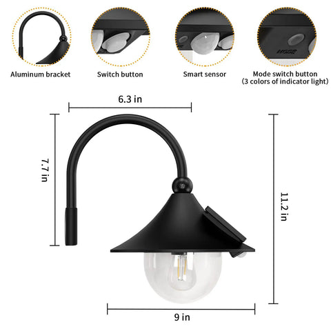 Diagram of Solar Powered Barn Light Outdoor With Motion Sensor And 3 Lighting Modes, featuring dimensions and features.