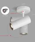 LED Dimmable Ceiling Spotlight Gallery Style Indoor Accent Picture Light Hardwired Surface Mount Adjustable Directional Beam With Replaceable GU10 Bulb 7W 3000K For Living Room Hallway Corridor White shown with dimensions and bulb details.
