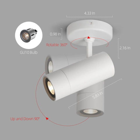 LED Dimmable Ceiling Spotlight Gallery Style Indoor Accent Picture Light Hardwired Surface Mount Adjustable Directional Beam With Replaceable GU10 Bulb 7W 3000K For Living Room Hallway Corridor White shown with dimensions and bulb details.