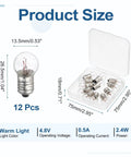 Twelve Piece Pack E10 Miniature Screw Base Light Bulbs 4.8 Volt 2.4 Watt Warm Yellow Glow with storage case and dimensions.