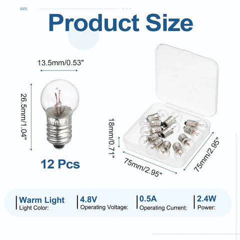 Twelve Piece Pack E10 Miniature Screw Base Light Bulbs 4.8 Volt 2.4 Watt Warm Yellow Glow with storage case and dimensions.