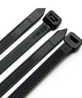 Close-up of black 36 inch heavy duty zip ties, pack of 50 ultra strong UV cable ties for indoor outdoor use, 200 pound tensile strength.
