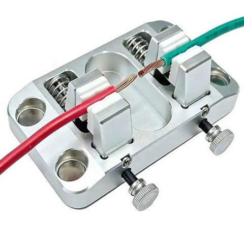 Heavy Duty Wire Clamp Soldering Station Holder With 4 Magnetic Clips For Electronics Repair And Jewelry Welding Up To 12mm Opening Heat Resistant Fixture Tool with red and green wires clamped.