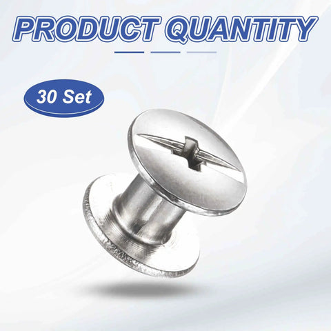 Kickass M3x4mm Chicago Screws 30 Piece Set Rust Resistant Stainless Steel Binding Post Rivets shown in silver finish.